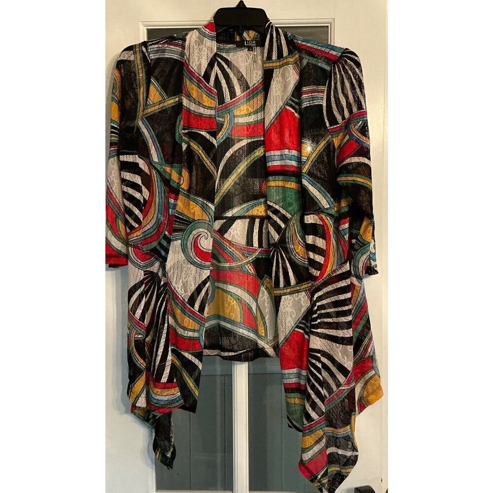 Lior Cardigan Tunic Multi color Geometric Print Sheer 3/4 Sleeve M
